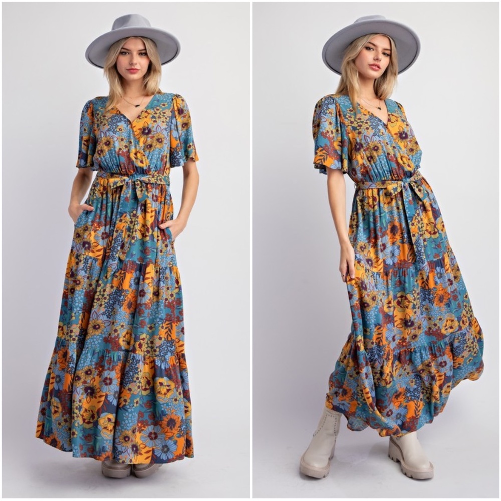 NWOT Easel Boho Floral Maxi Dress - Blue and Orange - Picture 2 of 3